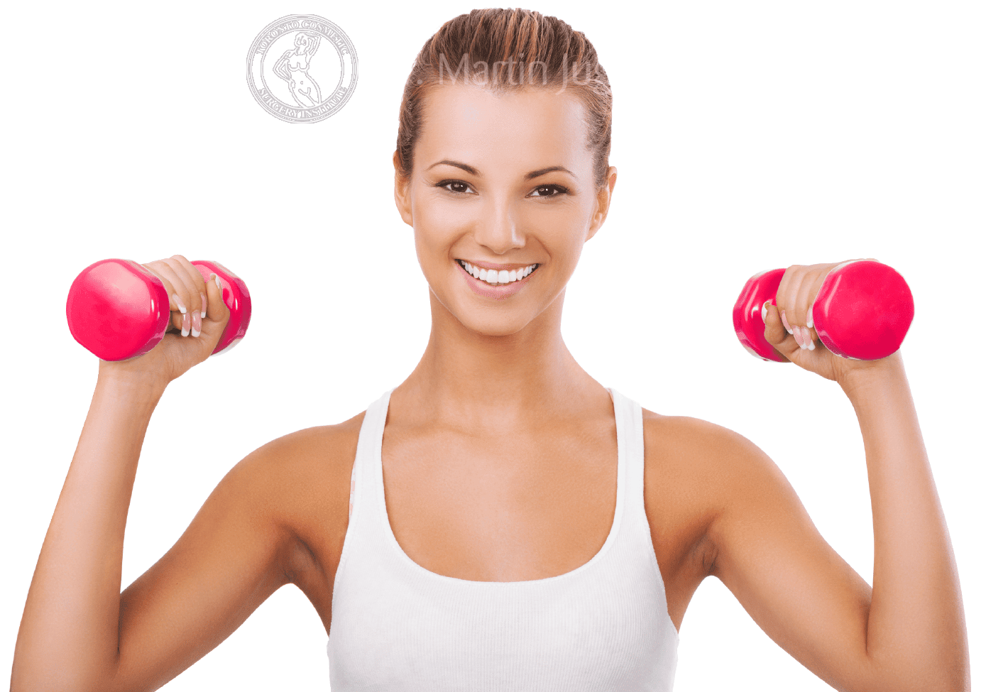 woman in tank top holding pink weights smiling